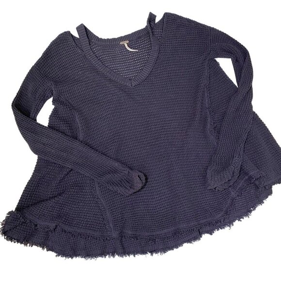 Free People Size Small Charcoal Moonshine Cold Shoulder V-Neck Sweater - Picture 3 of 11